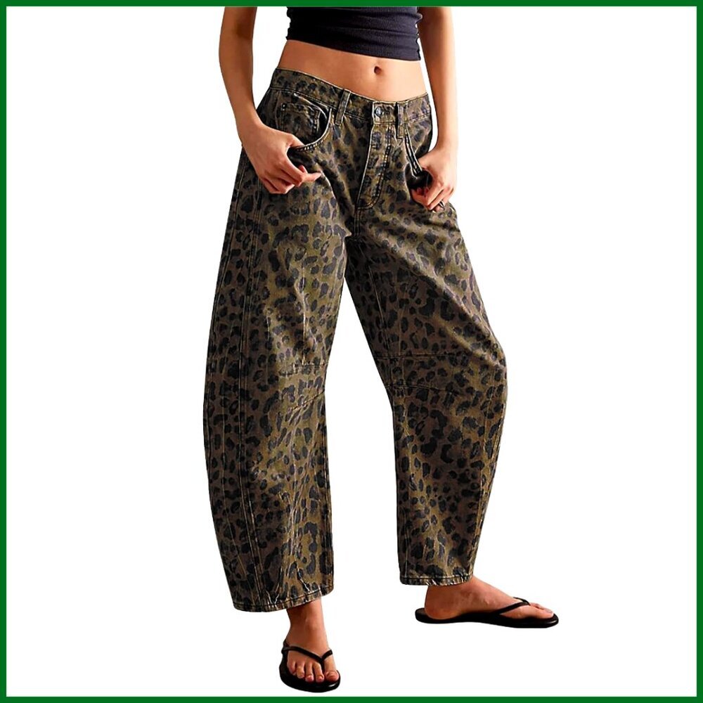 Stretchy Mid Rise Barrel Jeans Vintage Loose Wide Leg Cropped Denim Pants - Picture 1 of 4